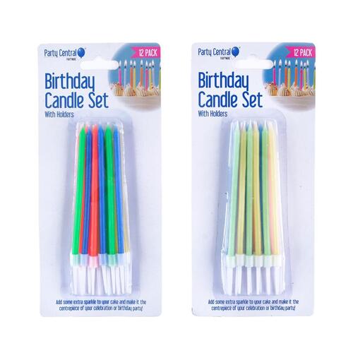 Candles in Holders Birthday Set - Tall 11cm - 12pk - Asso