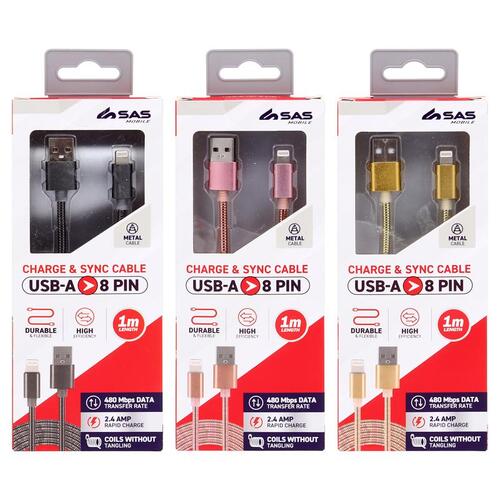 Charge & Sync USB A to 8 Pin Metal Cable - Suitable for iPhone Devices - Black, Rose Gold & Gold Assorted - 1 metre