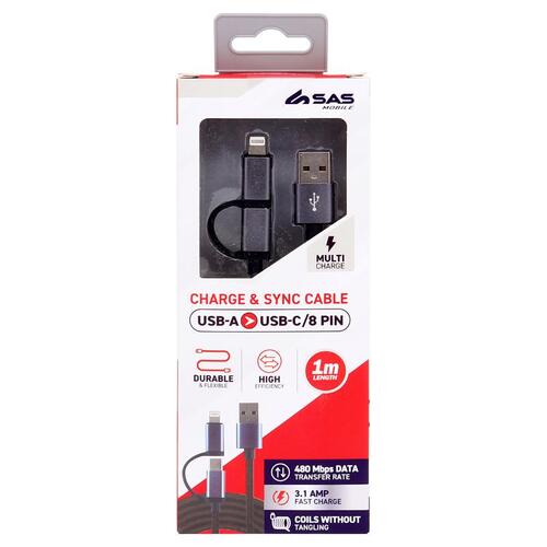 Charge & Sync USB A to USB C & 8-Pin 2-in-1 Polyester Cable - Suitable for iPhone & Android Devices - Grey - 1 metre