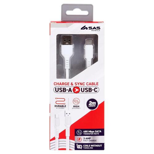 Charge & Sync USB A to Type C PVC Cable - White - 2 metre