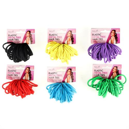 Hair Elastic Metal Free 30pk Assorted in Solid Colour Packs Black, Blue, Red, Purple, Yellow, Green (Thick)