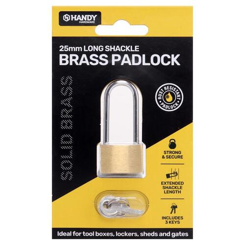 Padlock Solid Brass Long Shackle 25mm Includes 3 Keys