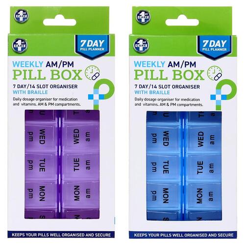 Pill Box 7 Day Organiser with 14 Slots with braille  Blue